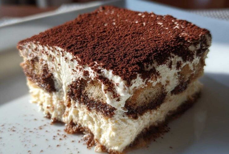 Close-up of a rich Tiramisu slice dusted with cocoa powder, a perfect example of a delicious Recetas de Café dessert.