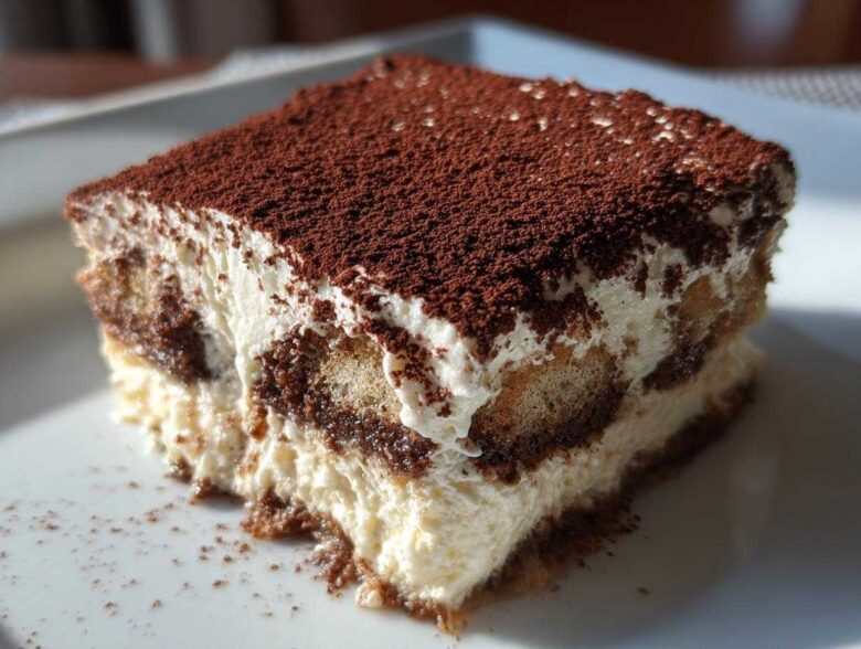 Close-up of a rich Tiramisu slice dusted with cocoa powder, a perfect example of a delicious Recetas de Café dessert.