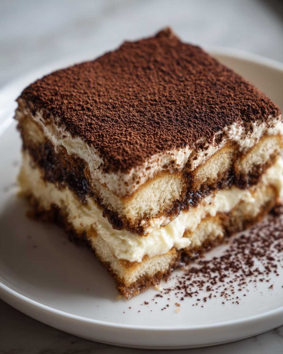 Close-up of a layered Tiramisu slice dusted with cocoa powder, a perfect coffee dessert for Recetas de Café.