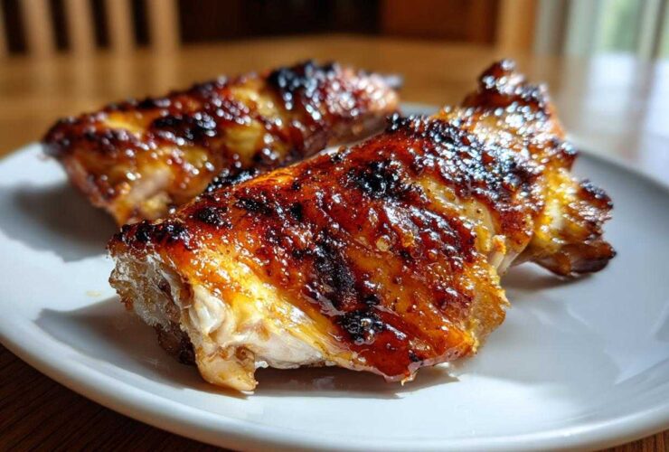 Close-up of two pieces of glistening, caramelized Vietnamese Grilled Chicken served on a white plate.