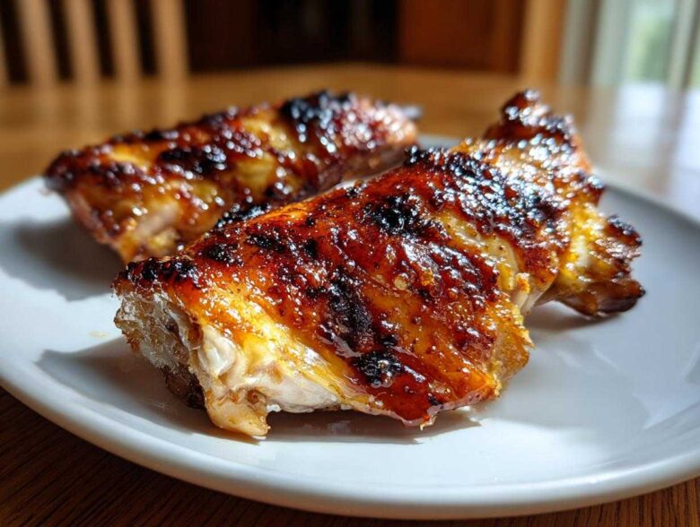 Close-up of two pieces of glistening, caramelized Vietnamese Grilled Chicken served on a white plate.