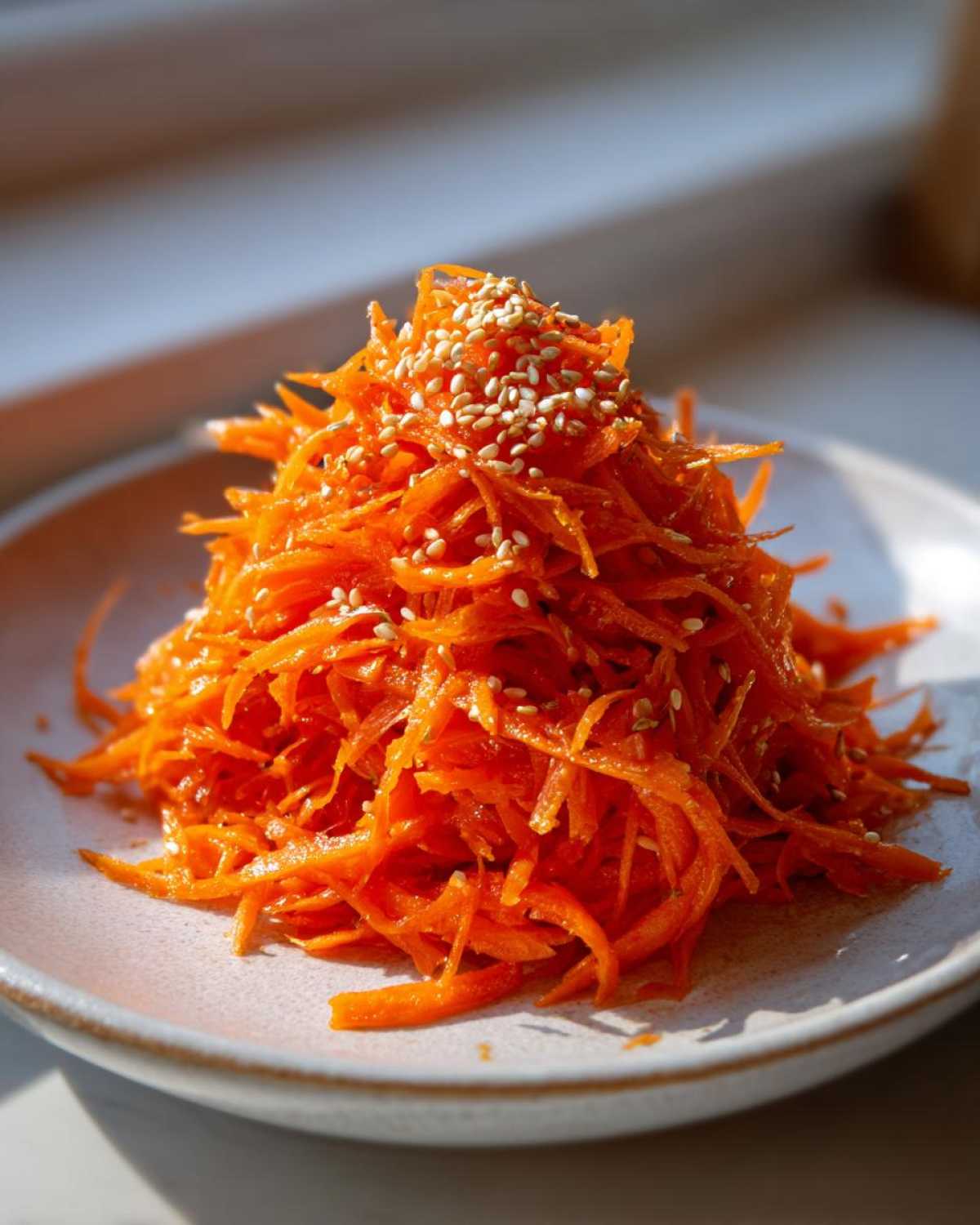 A mound of bright orange, shredded Viral Tiktok Carrot Salad topped generously with toasted sesame seeds.
