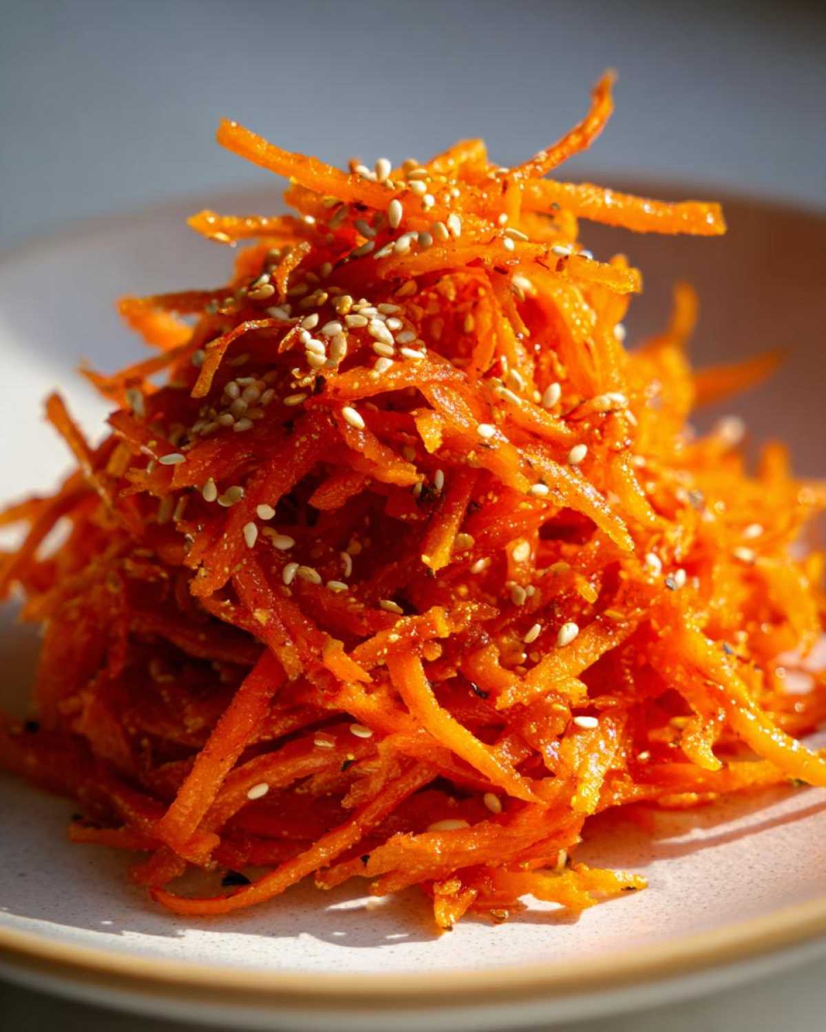 A vibrant mound of shredded carrots seasoned for the Viral Tiktok Carrot Salad, topped with toasted sesame seeds.