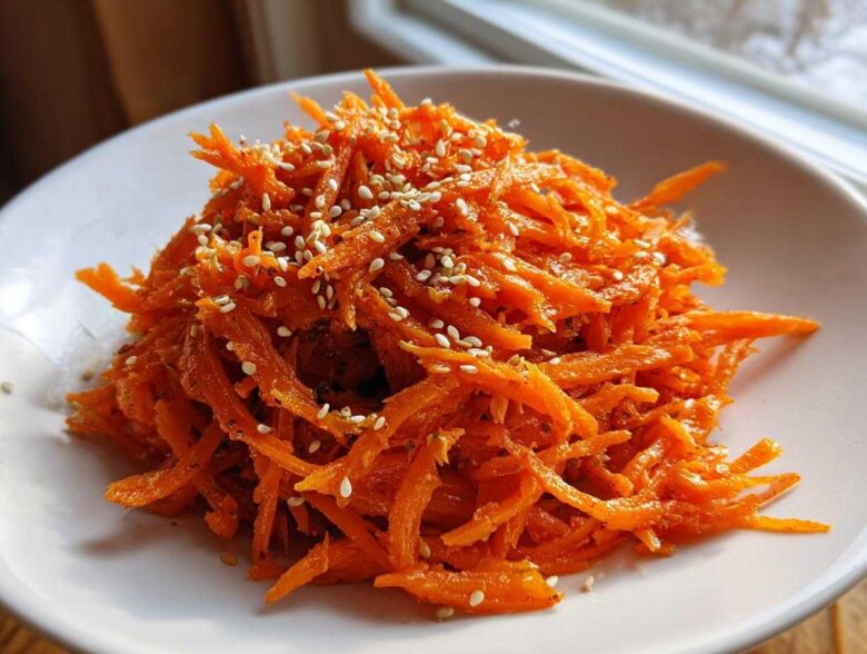 A close-up of bright orange, shredded Viral Tiktok Carrot Salad topped generously with white sesame seeds.
