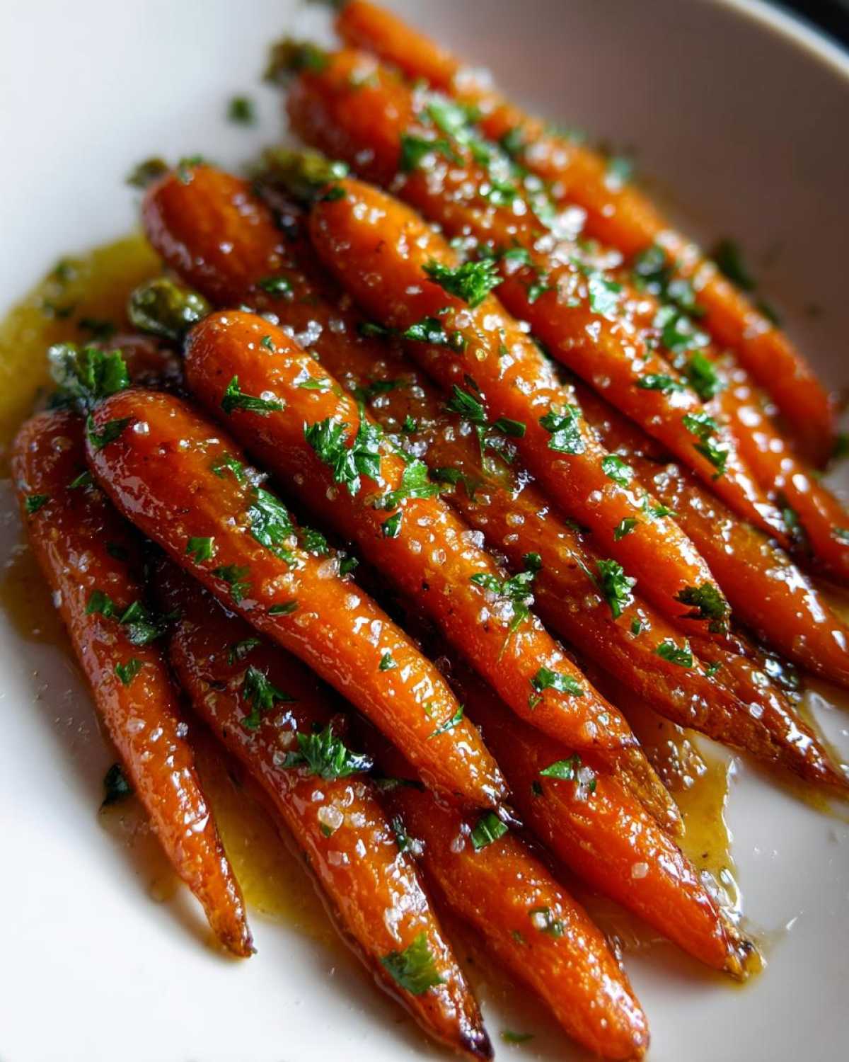 Close-up of glossy, cooked baby carrots coated in a glaze, sprinkled with flaky salt and fresh parsley, ready to serve as Whiskey Glazed Carrots.