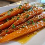 Close-up of tender, bright orange Whiskey Glazed Carrots coated in a shiny glaze and sprinkled with fresh parsley.