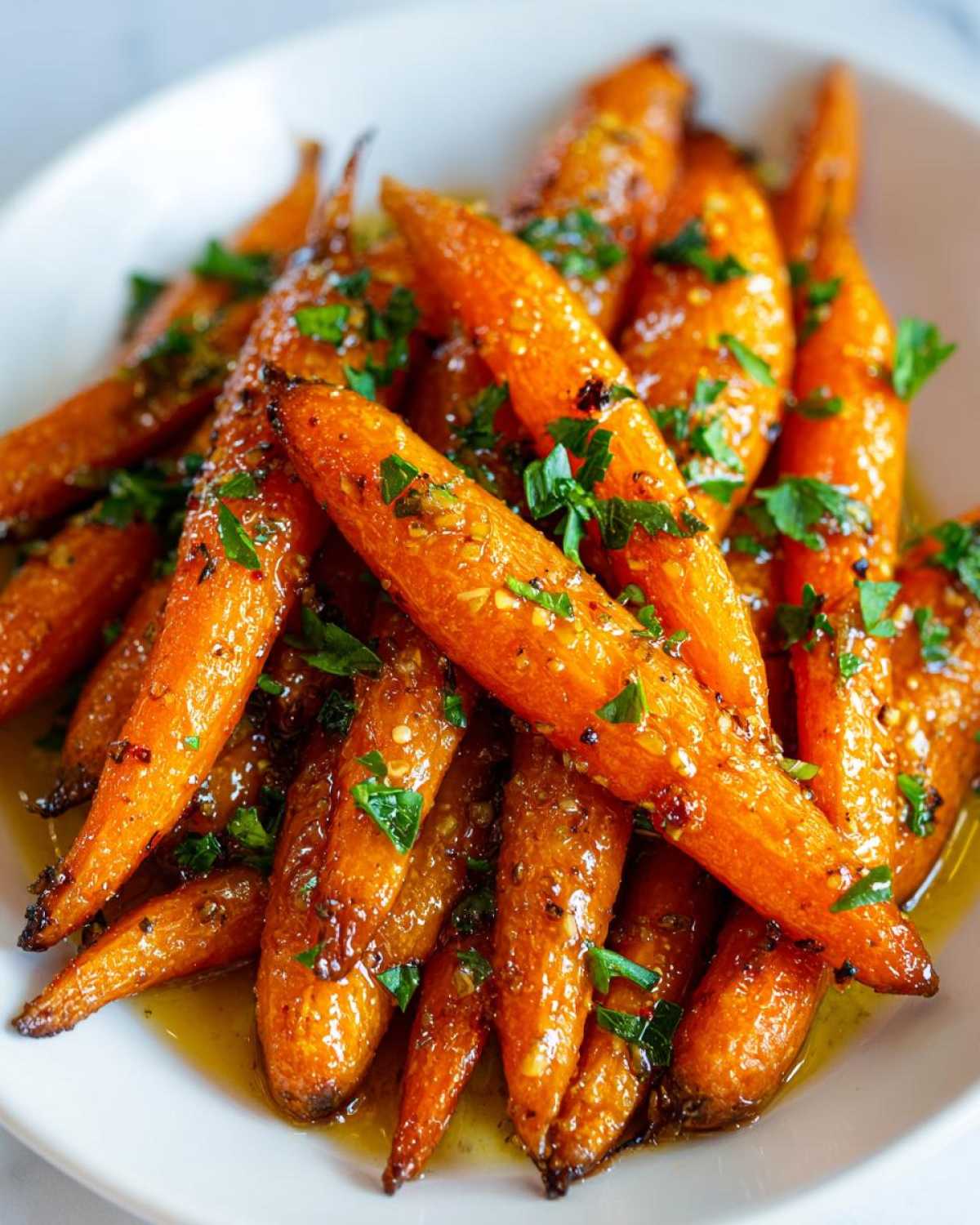 A close-up of vibrant, roasted Whiskey Glazed Carrots coated in a shiny sauce and sprinkled with fresh green parsley.