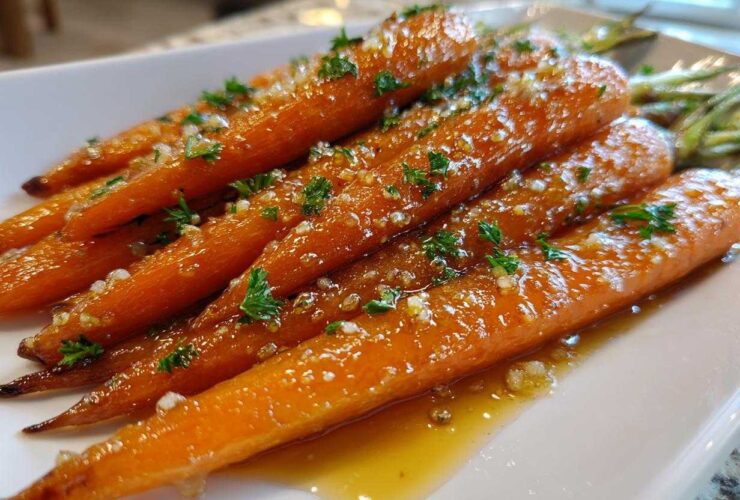 Close-up of tender, bright orange Whiskey Glazed Carrots coated in a shiny glaze and sprinkled with fresh parsley.