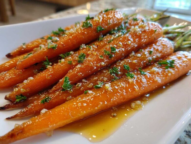 Close-up of tender, bright orange Whiskey Glazed Carrots coated in a shiny glaze and sprinkled with fresh parsley.