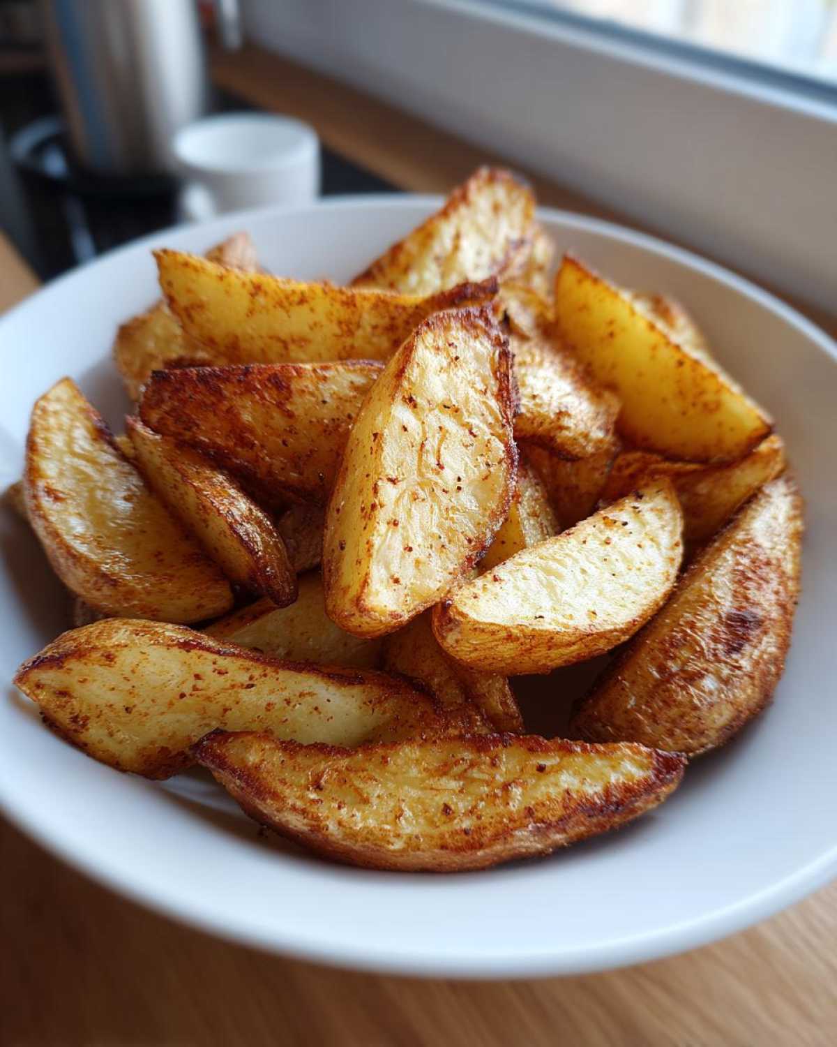 A close-up of golden brown, seasoned Air Fryer Potato Wedges piled high in a white bowl.