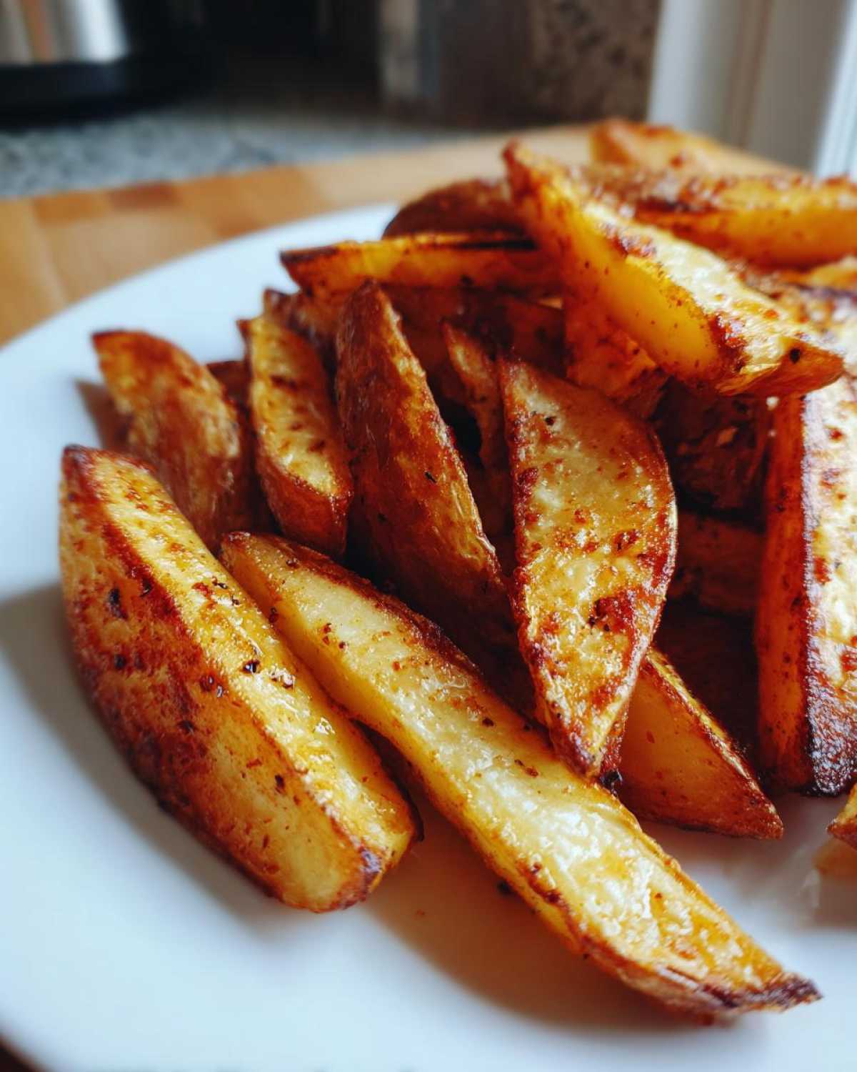 Close-up of golden brown, seasoned Air Fryer Potato Wedges piled high on a white plate.