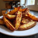 A close-up shot of a pile of golden brown, seasoned Air Fryer Potato Wedges served on a white plate.