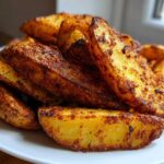 A close-up of a mound of golden brown, seasoned Air Fryer Potato Wedges piled high on a white plate.