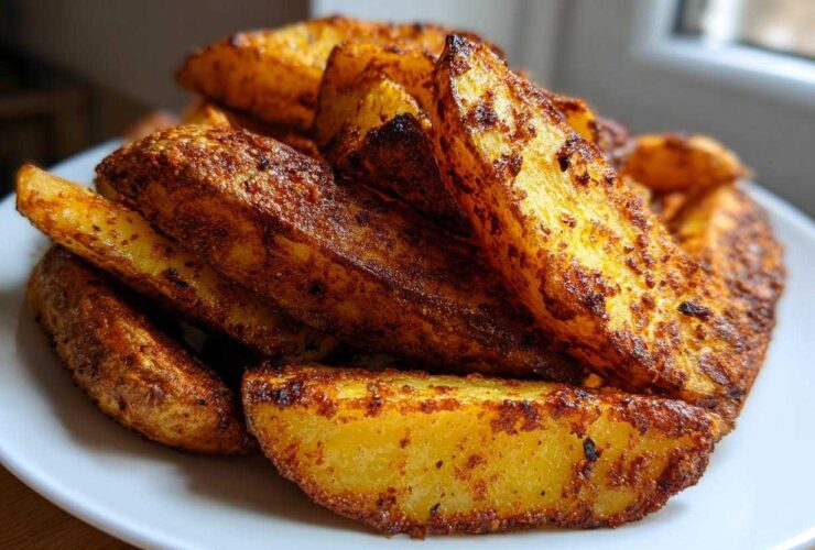 A close-up of a mound of golden brown, seasoned Air Fryer Potato Wedges piled high on a white plate.