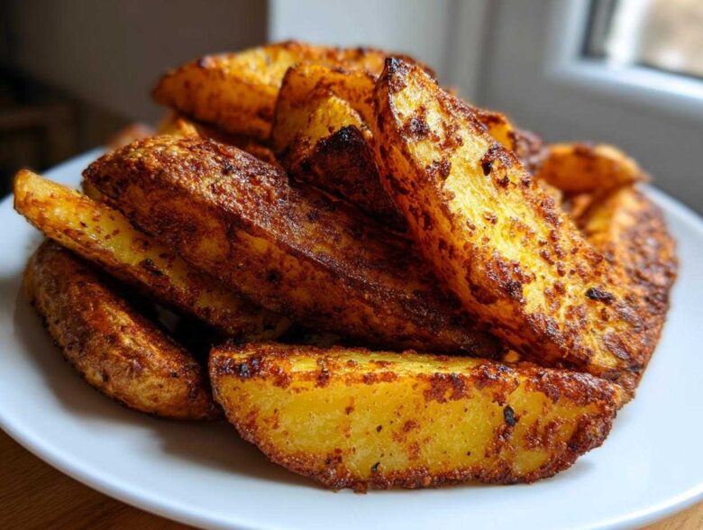 A close-up of a mound of golden brown, seasoned Air Fryer Potato Wedges piled high on a white plate.