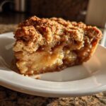 A close-up, sunlit slice of warm Apple Crisp showing a thick, buttery crumble topping over soft, caramelized apples.