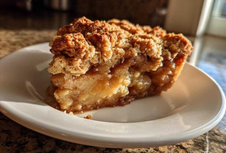 A close-up, sunlit slice of warm Apple Crisp showing a thick, buttery crumble topping over soft, caramelized apples.