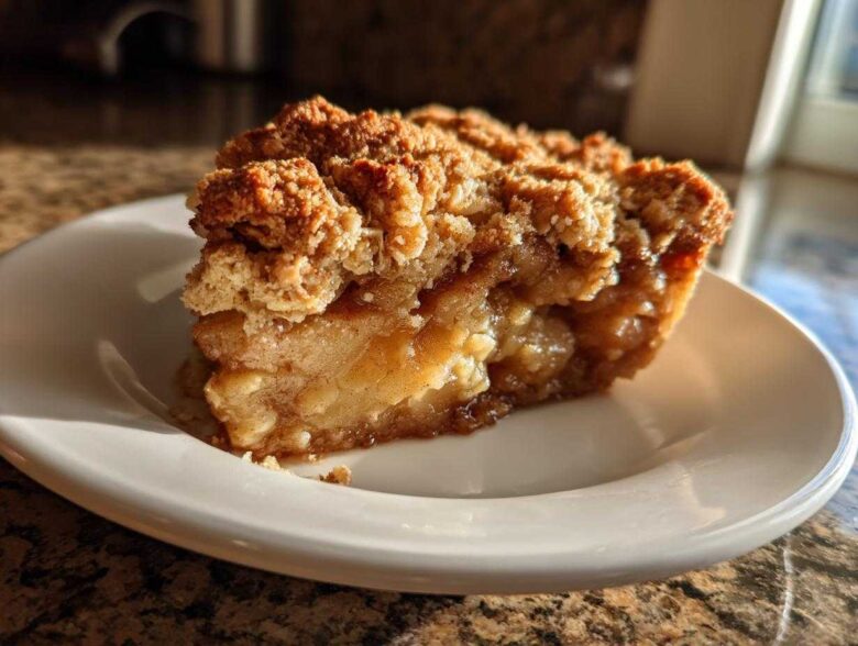A close-up, sunlit slice of warm Apple Crisp showing a thick, buttery crumble topping over soft, caramelized apples.