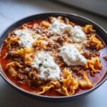 Close-up of a rich bowl of Lasagna Soup featuring ruffled pasta, meat sauce, and dollops of creamy ricotta cheese.