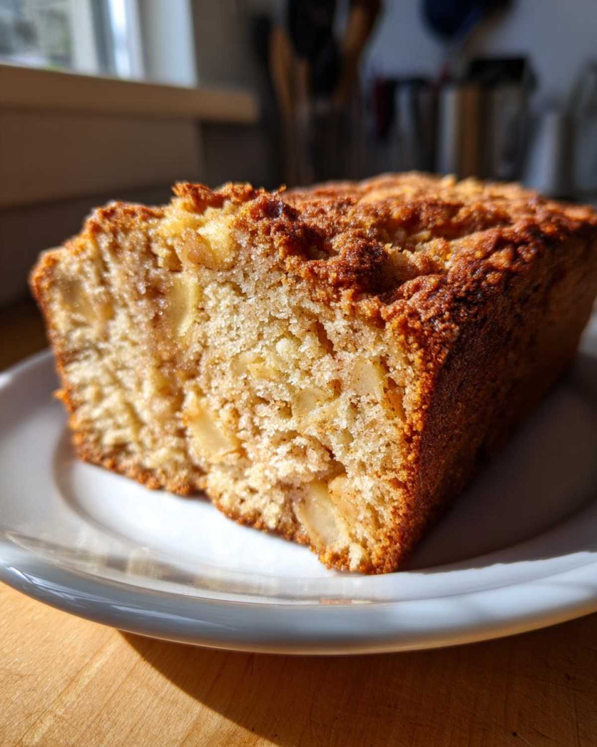A close-up of a thick slice of moist Apple Cinnamon Bread with visible apple chunks, sitting on a white plate.