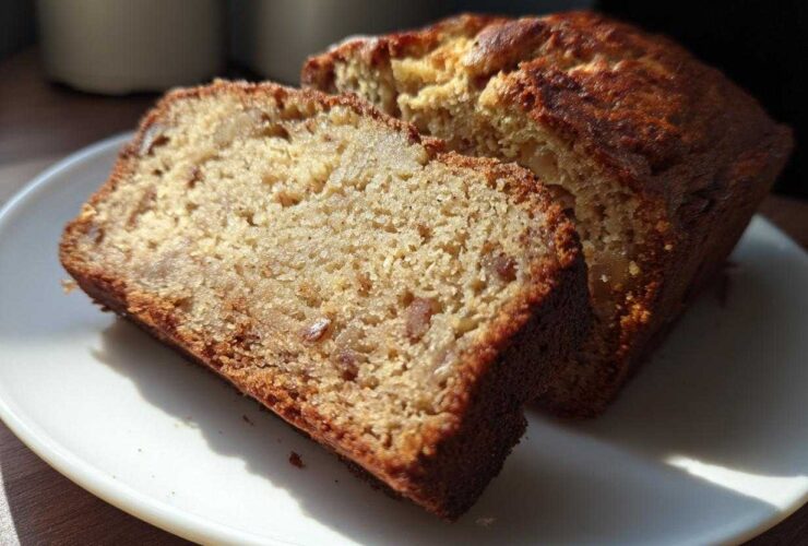 Two thick slices of moist Apple Cinnamon Bread showing visible chunks of apple and a golden-brown crust, served on a white plate.