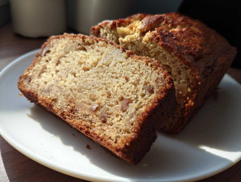 Two thick slices of moist Apple Cinnamon Bread showing visible chunks of apple and a golden-brown crust, served on a white plate.