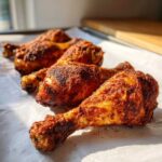 Four crispy, richly seasoned Baked Chicken Legs resting on white parchment paper, fresh out of the oven.