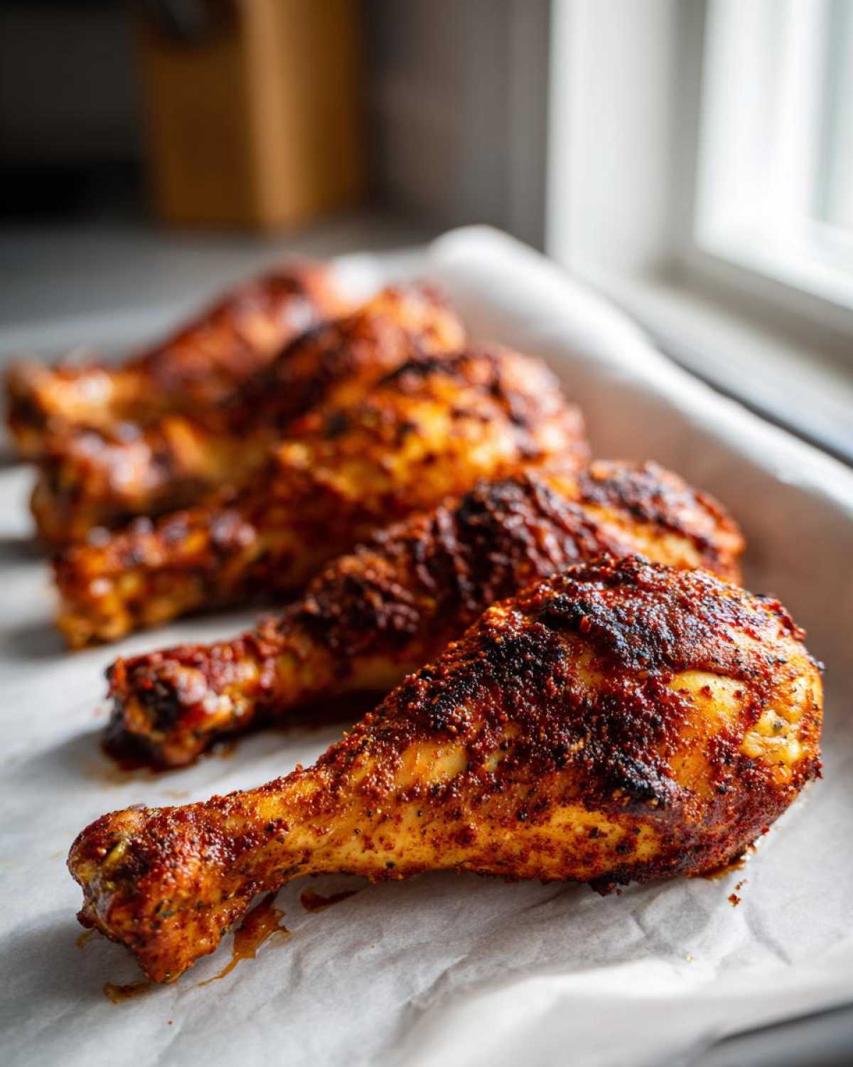 Close-up of four perfectly seasoned and crispy Baked Chicken Legs resting on white parchment paper.