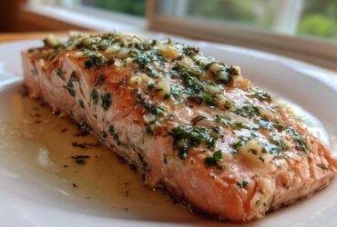 Close-up of a perfectly cooked piece of Baked Salmon topped with melted butter, minced garlic, and fresh green herbs.