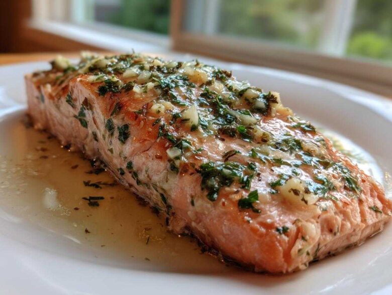 Close-up of a perfectly cooked piece of Baked Salmon topped with melted butter, minced garlic, and fresh green herbs.