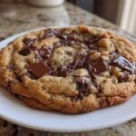 A close-up of a thick, chewy Bakery-Style Chocolate Chip Cookie with melted chocolate chunks on a white plate.