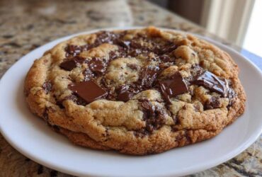 A close-up of a thick, chewy Bakery-Style Chocolate Chip Cookie with melted chocolate chunks on a white plate.