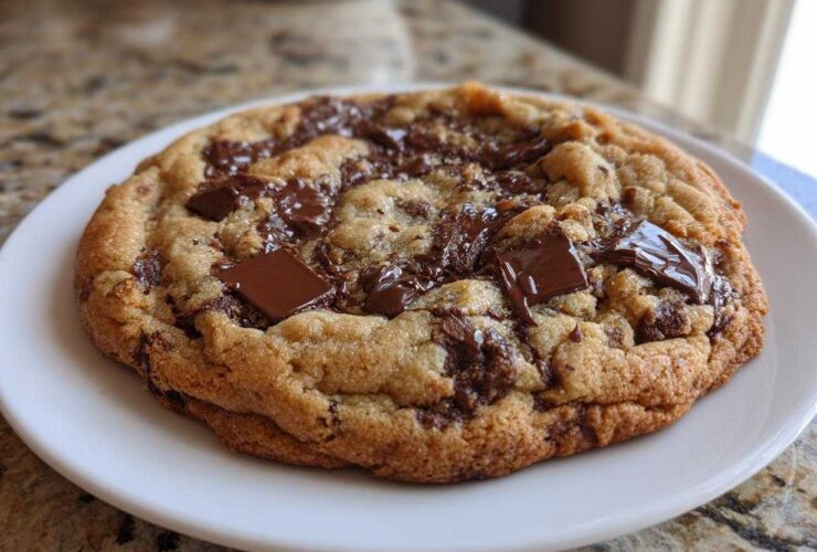 A close-up of a thick, chewy Bakery-Style Chocolate Chip Cookie with melted chocolate chunks on a white plate.
