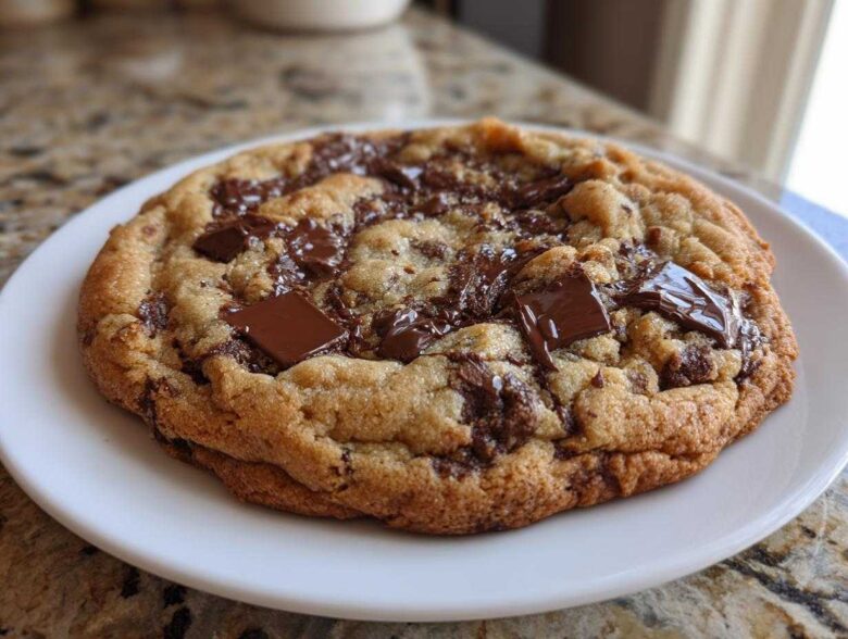 A close-up of a thick, chewy Bakery-Style Chocolate Chip Cookie with melted chocolate chunks on a white plate.