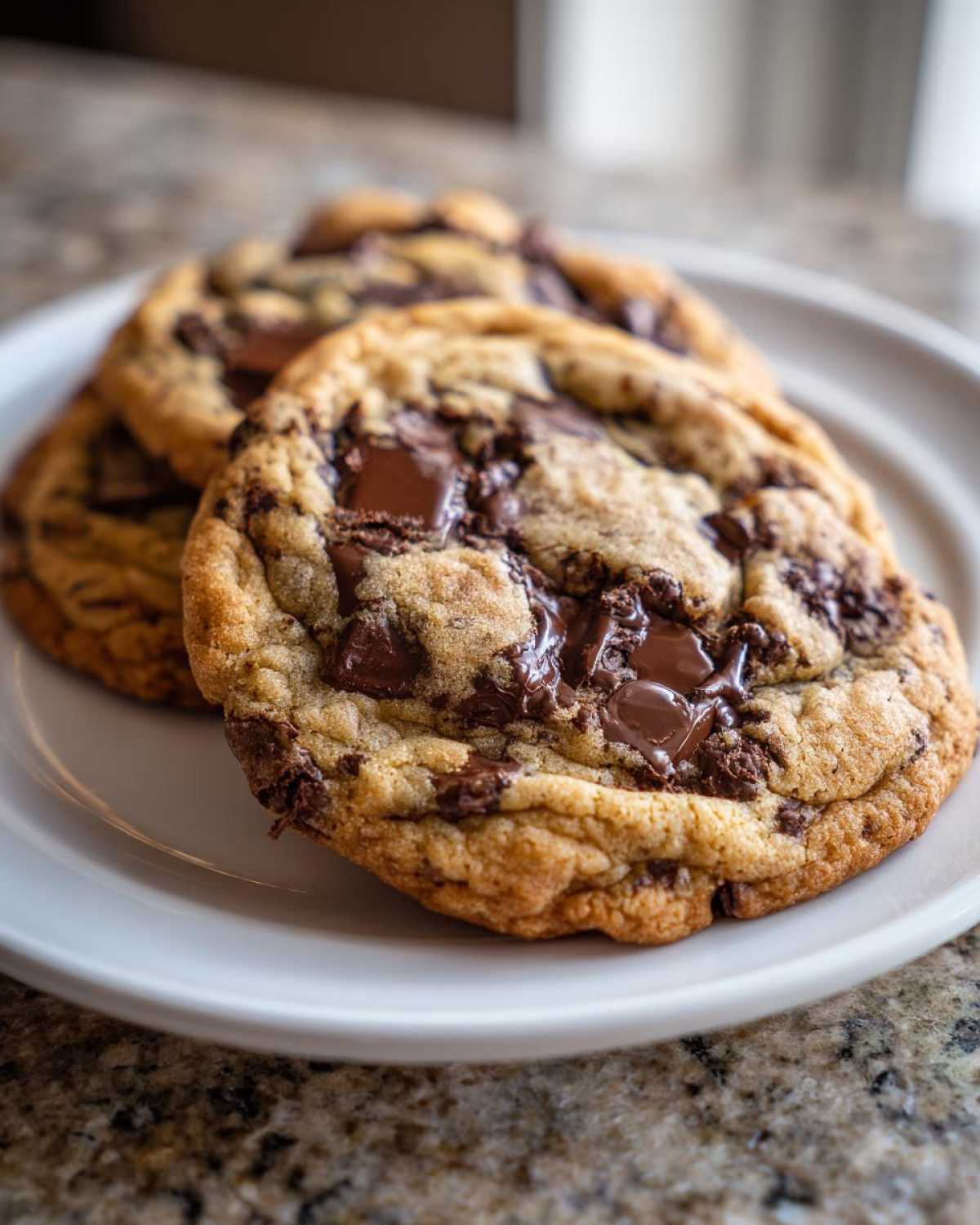 Close-up of thick, chewy Bakery-Style Chocolate Chip Cookies loaded with melted chocolate chunks on a white plate.