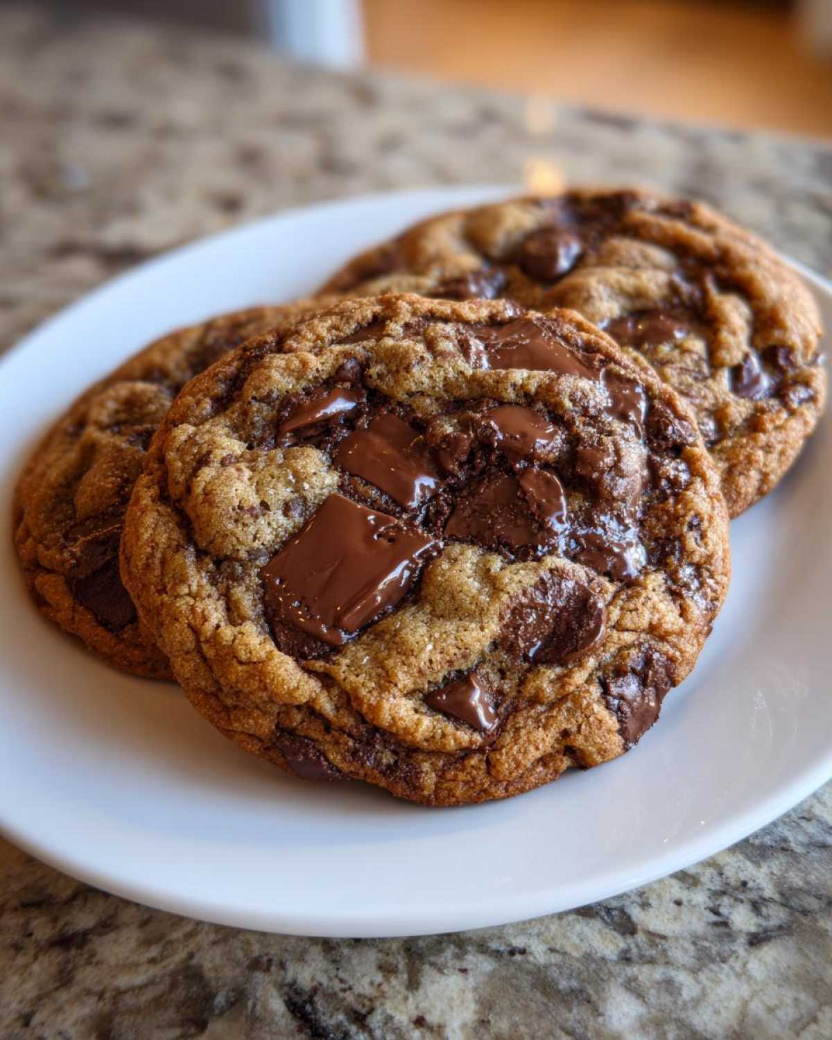 Three thick, chewy Bakery-Style Chocolate Chip Cookies with melted chocolate chunks served on a white plate.