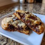 A close-up of Bakery-Style Chocolate Chip Cookies, broken in half to show the gooey, melted chocolate center.