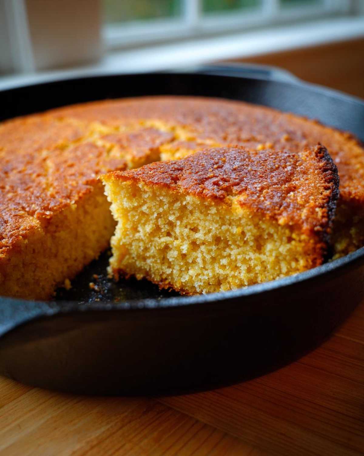 A close-up of a freshly baked Cast Iron Skillet Cornbread with one slice cut out, showing its golden texture.