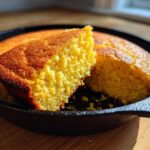 A close-up view of a slice of golden Cast Iron Skillet Cornbread lifted from the rest of the loaf in the black skillet.
