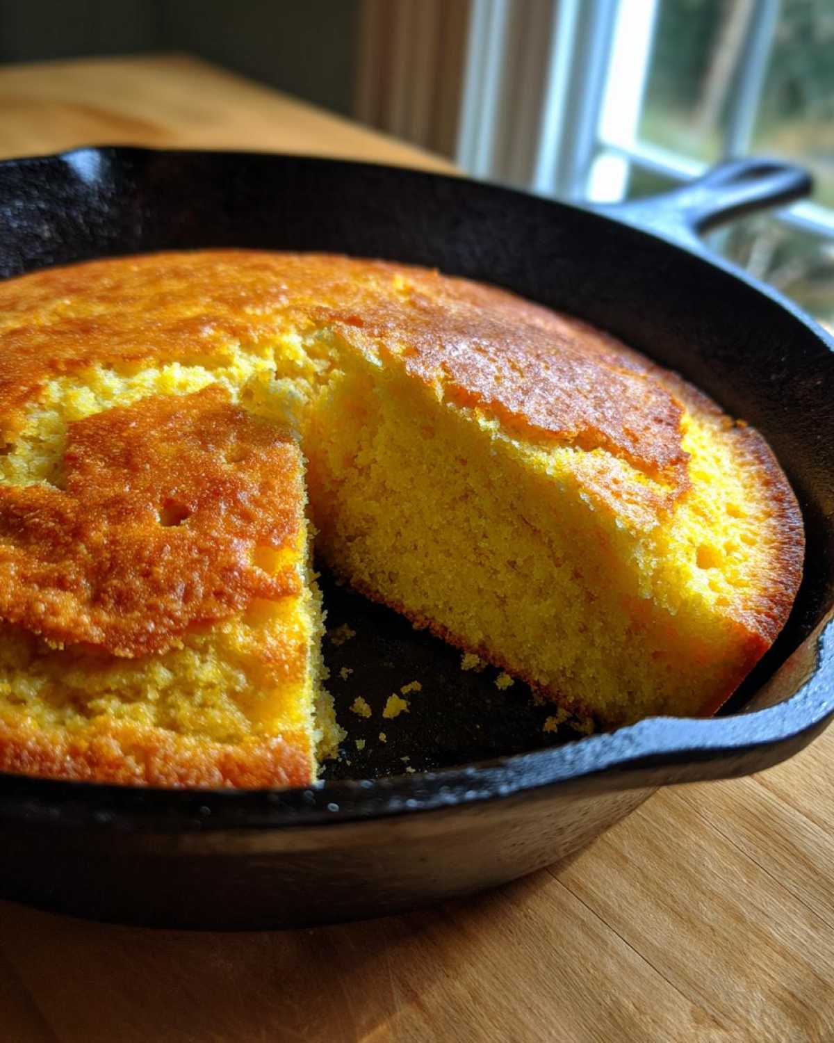 A freshly baked, golden Cast Iron Skillet Cornbread with one wedge slice cut out, sitting in the black skillet.