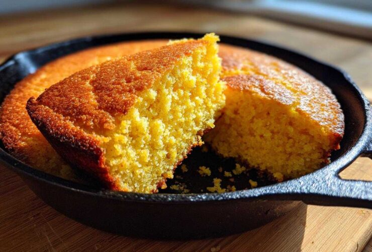 A close-up view of a slice of golden Cast Iron Skillet Cornbread lifted from the rest of the loaf in the black skillet.