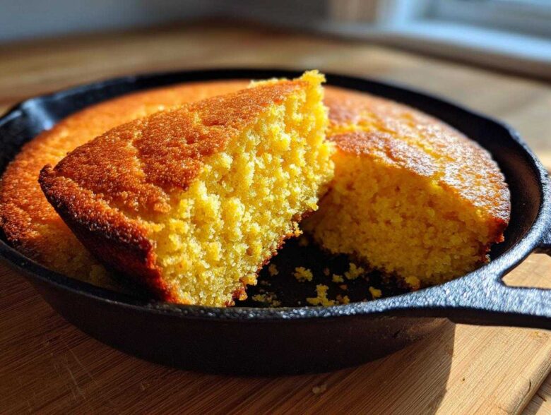 A close-up view of a slice of golden Cast Iron Skillet Cornbread lifted from the rest of the loaf in the black skillet.
