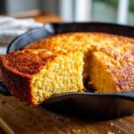 A slice of golden, fluffy Cast Iron Skillet Cornbread being lifted out of the black skillet.