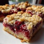 Close-up of several squares of golden Cherry Crumble Bars with a thick, bright red cherry filling and crumb topping.
