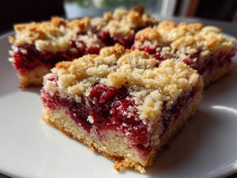Close-up of several squares of golden Cherry Crumble Bars with a thick, bright red cherry filling and crumb topping.