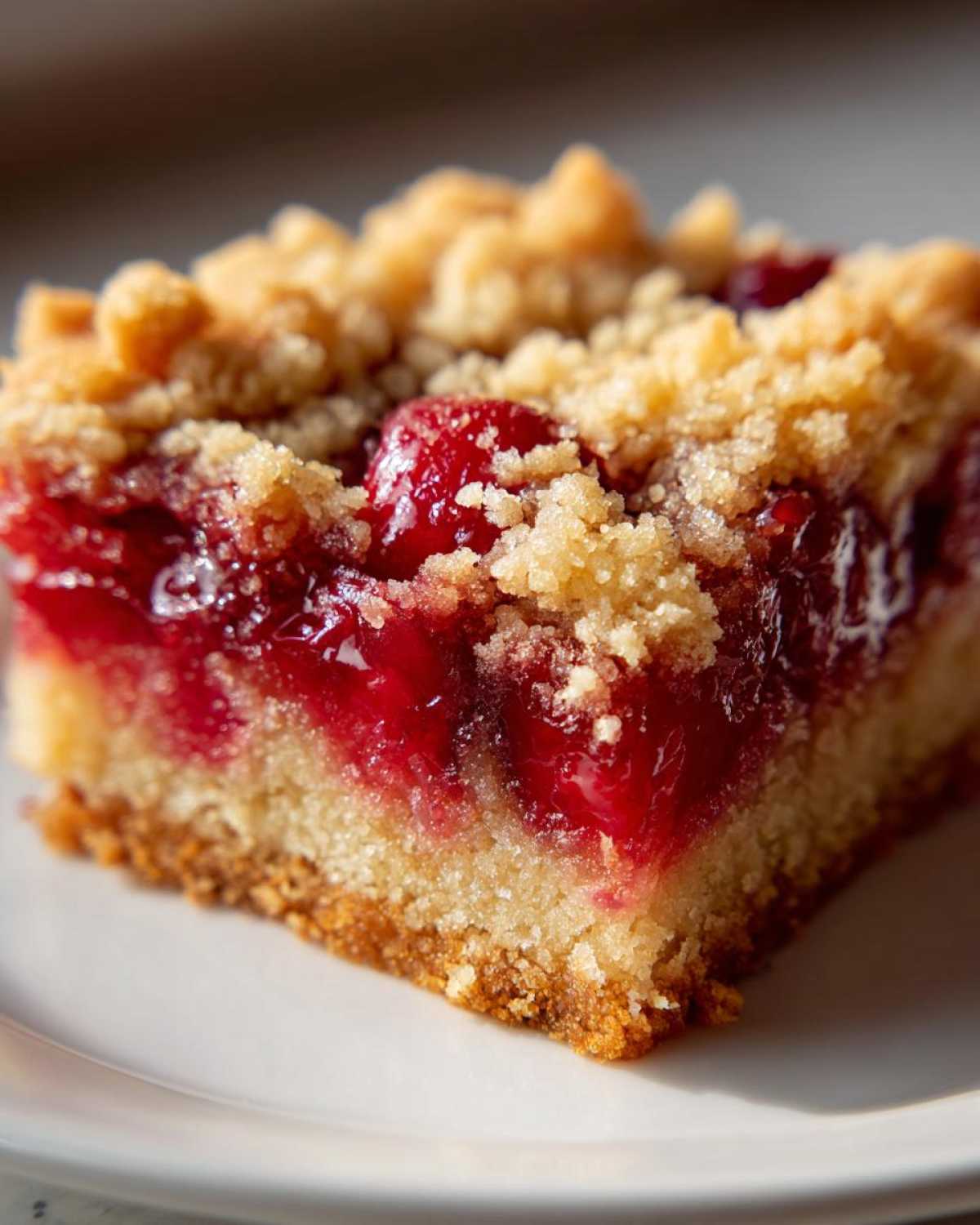 A close-up view of a single, thick Cherry Crumble Bars slice showing the buttery crust, bright red cherry filling, and crumb topping.