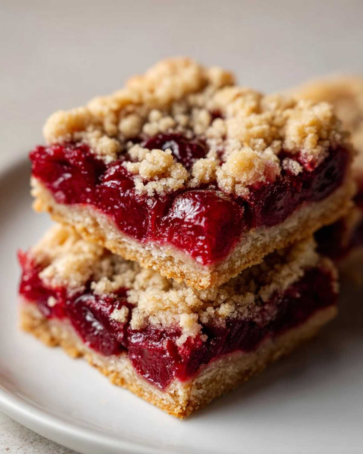Two stacked squares of rich, bright red Cherry Crumble Bars showing the thick fruit filling and crumb topping.