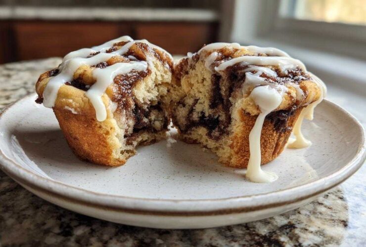 A close-up of Cinnamon Roll Muffins split in half, showing the swirl and dripping cream cheese icing.