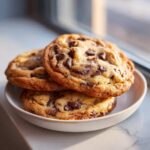 Three golden brown Cream Cheese Chocolate Chip Cookies stacked in a small white bowl near a window.