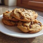 A stack of freshly baked Cream Cheese Chocolate Chip Cookies piled on a white plate.